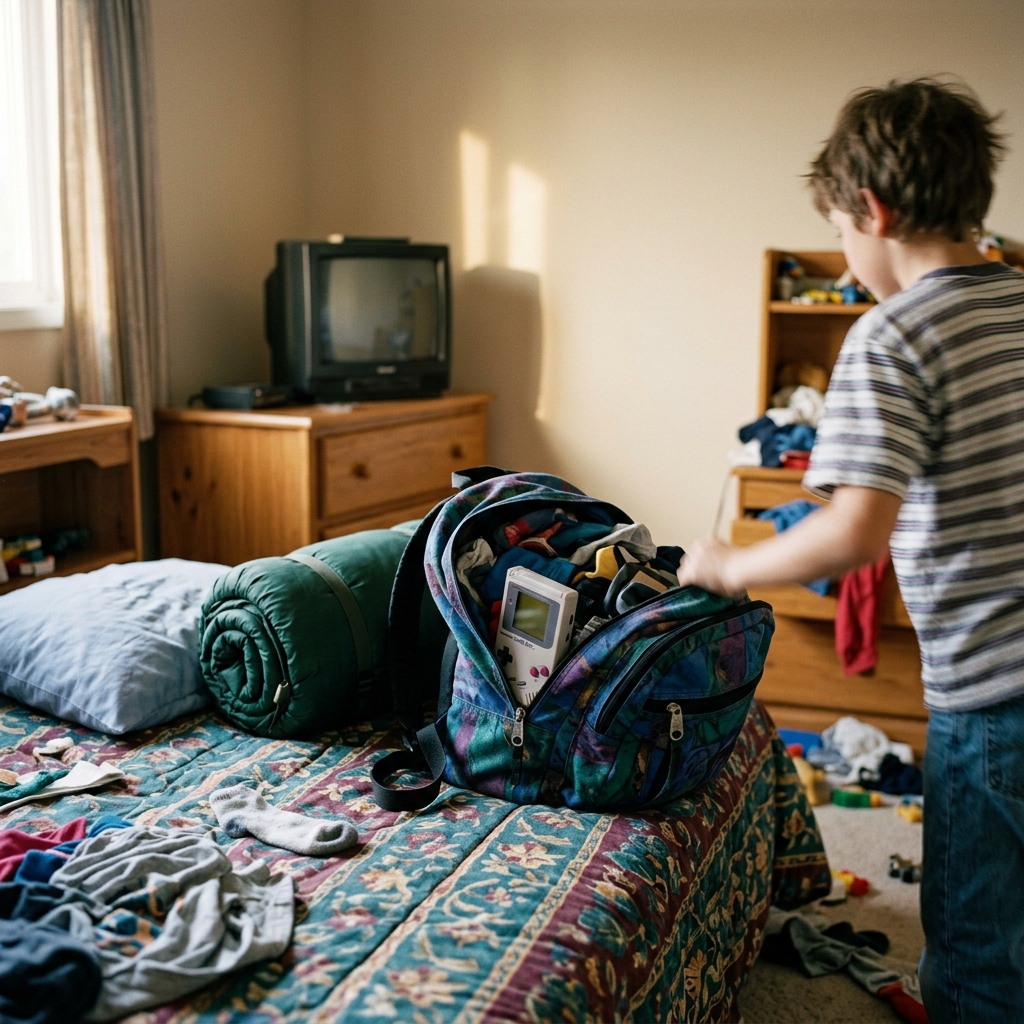 A 1990s JanSport backpack open on a bed with a rolled sleeping bag, a pillow, and a Game Boy