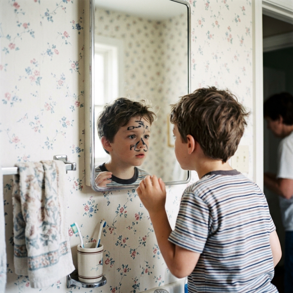 A kid staring into a bathroom mirror noticing Sharpie on his face for the first time