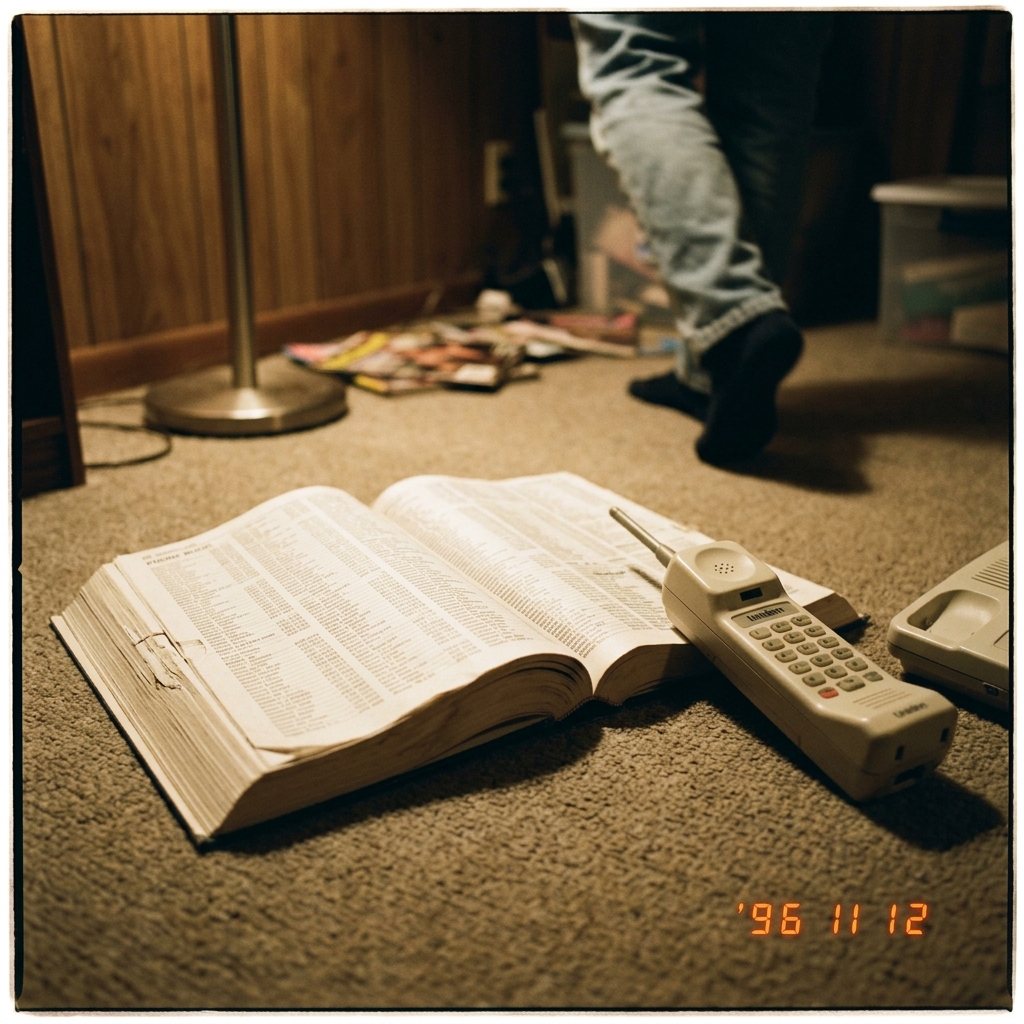 A 90s phone book open on a basement floor next to a cordless phone with no one dialing