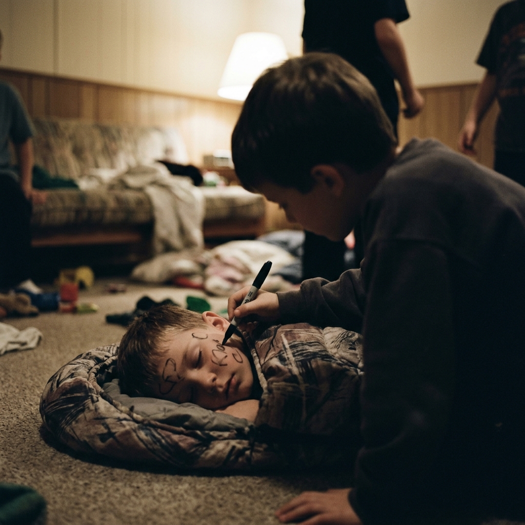 A kid asleep in a sleeping bag with a marker drawing on his face, another kid holding the Sharpie