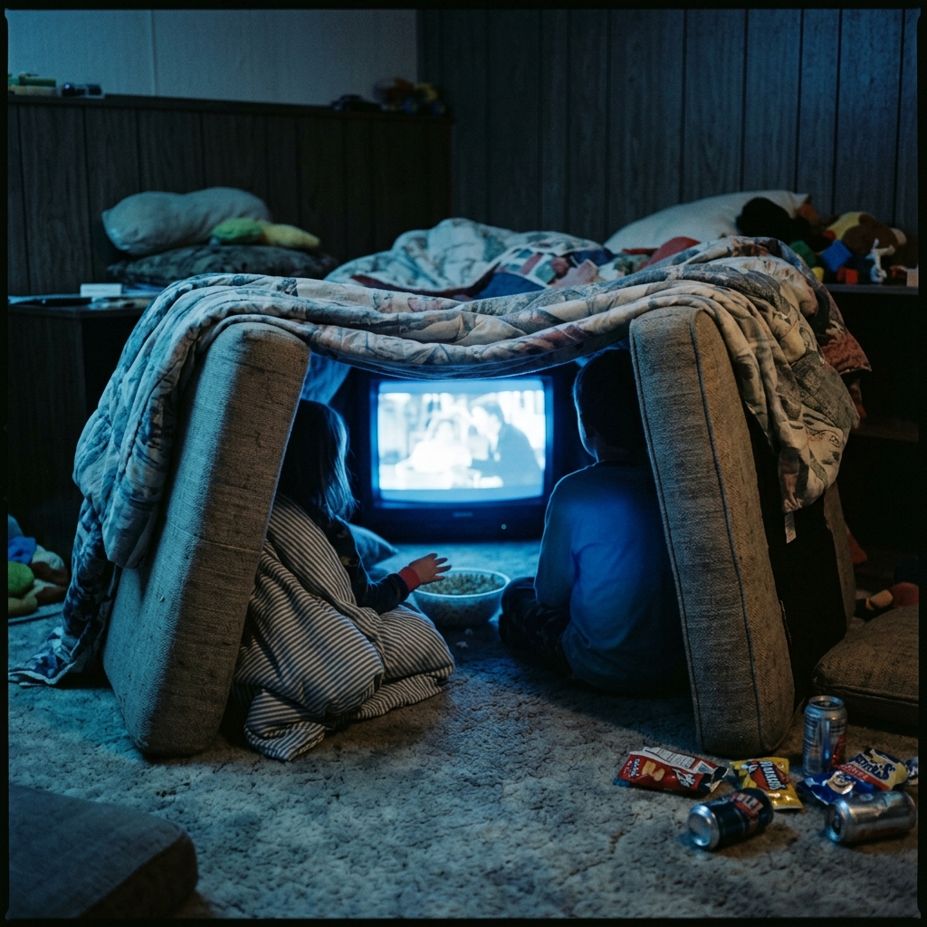 A 1990s tube TV inside a couch-cushion fort showing a comedy movie, blue light on kids' faces