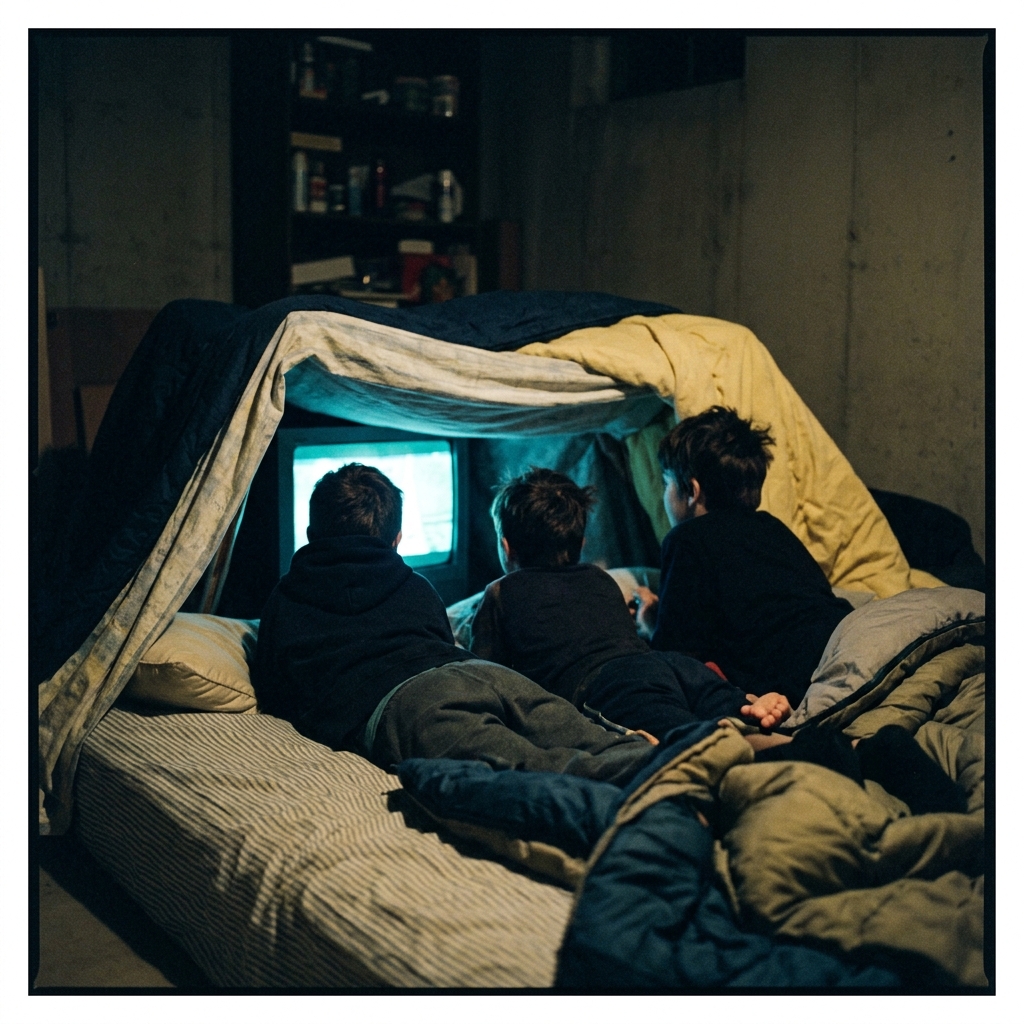 Kids huddled inside a blanket fort watching a horror movie on a tube TV, only blue light
