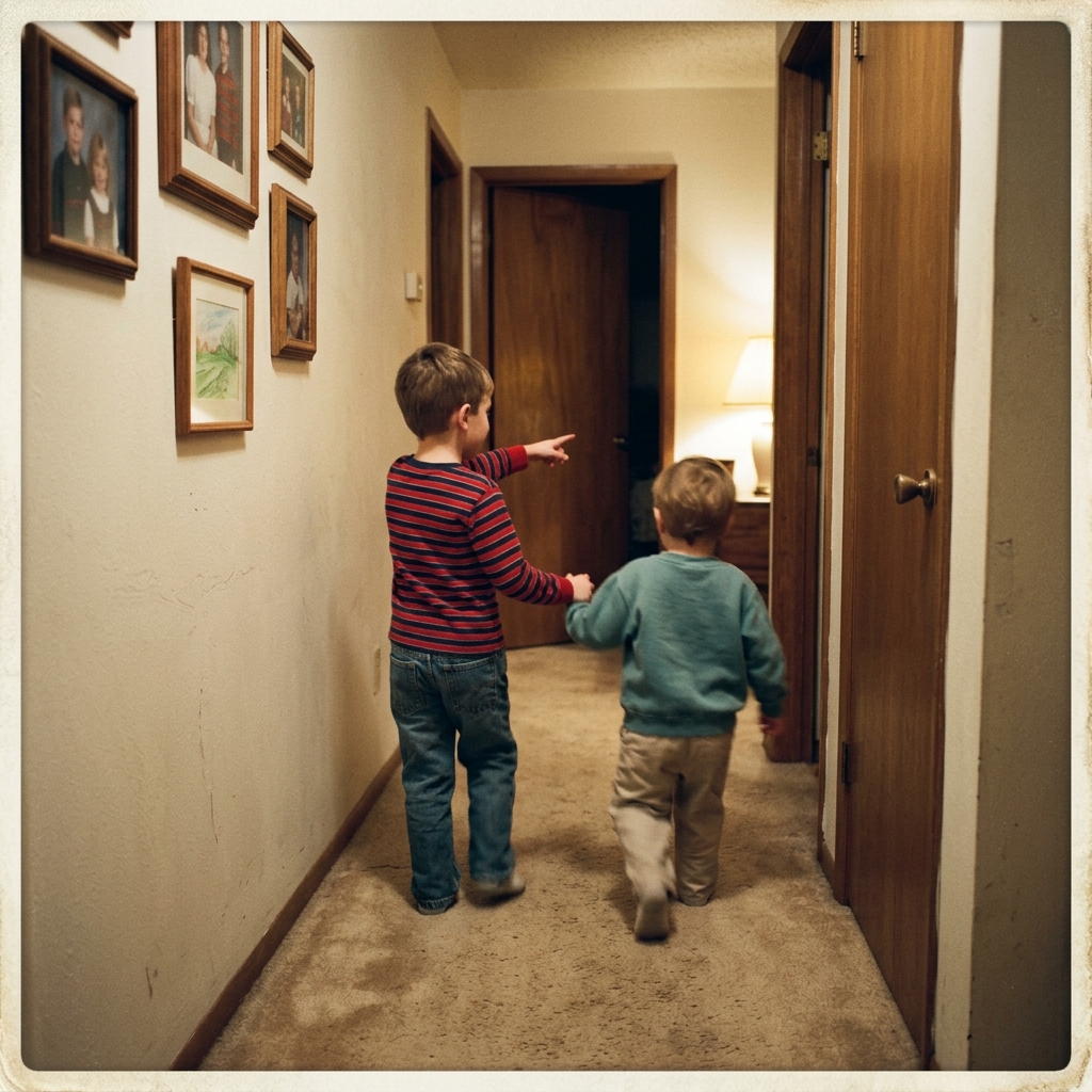 A kid leading another kid by the wrist through a carpeted 90s hallway, pointing at a closed bedroom door
