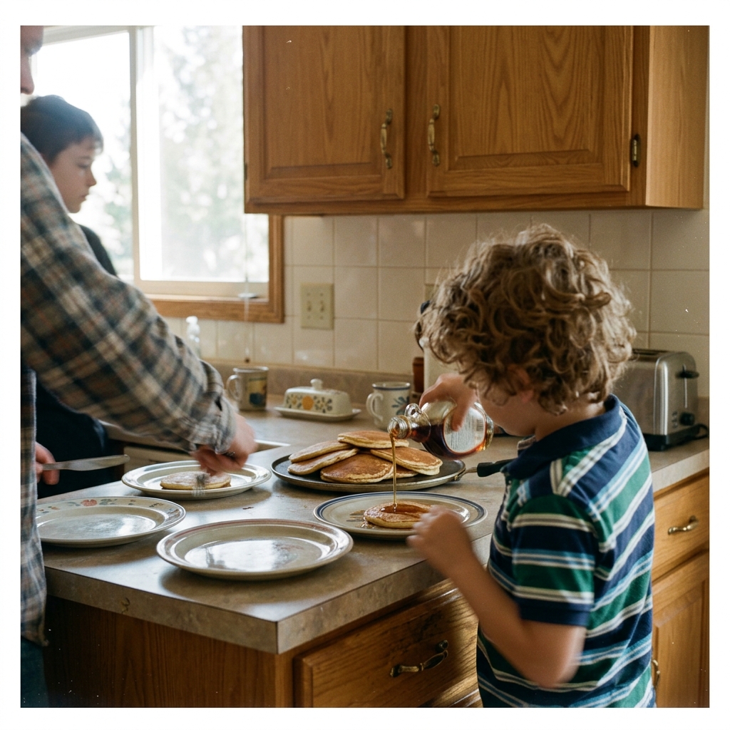 A stack of pancakes on a 1990s kitchen counter with four plates set out and a kid pouring syrup