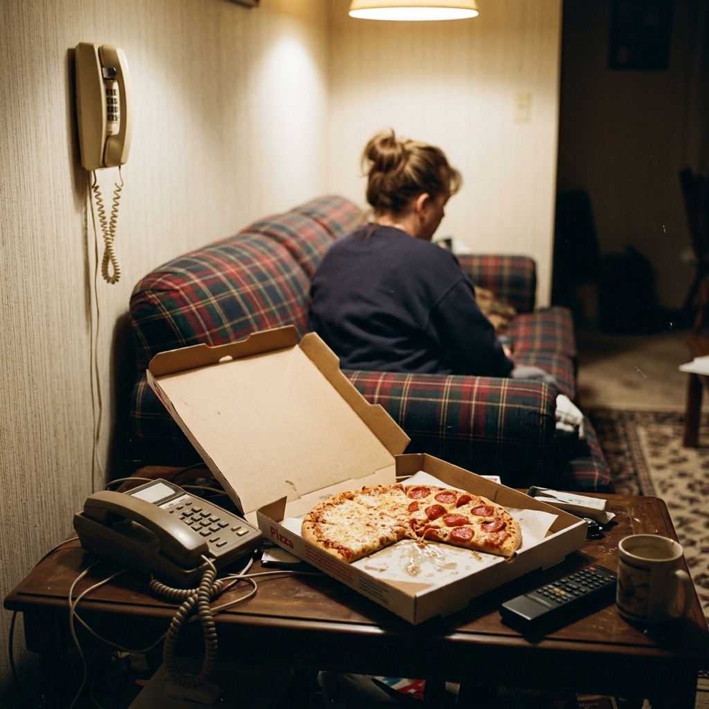 A flat pizza box open on a coffee table with one cheese half and one pepperoni half
