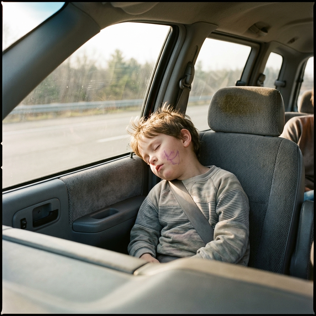 A kid asleep against the passenger window of a minivan in morning light with faint marker on his cheek