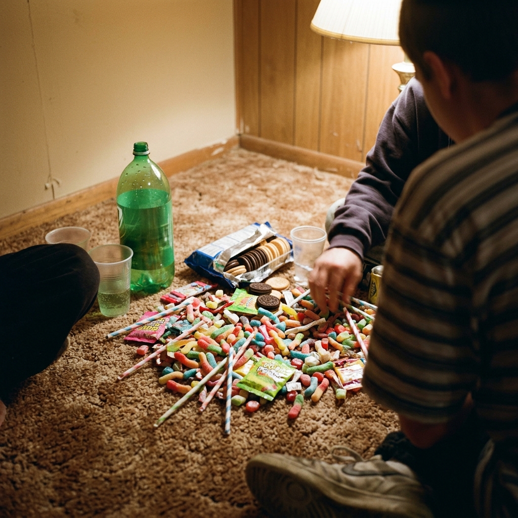 A pile of 90s candy spread on a basement carpet — Warheads, Pixy Stix, an open Oreos sleeve
