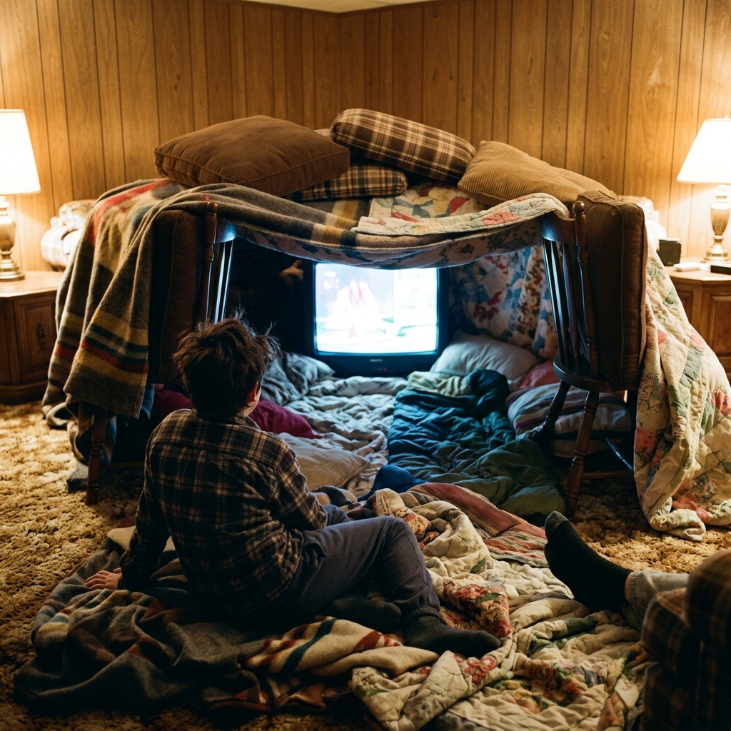 A basement living room with couch cushions stacked into a fort over the TV, blankets draped across kitchen chairs