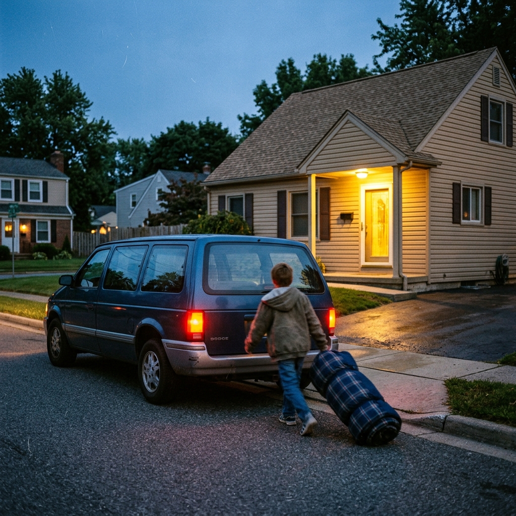 A minivan idling at the curb at dusk while a kid runs up the driveway with a sleeping bag