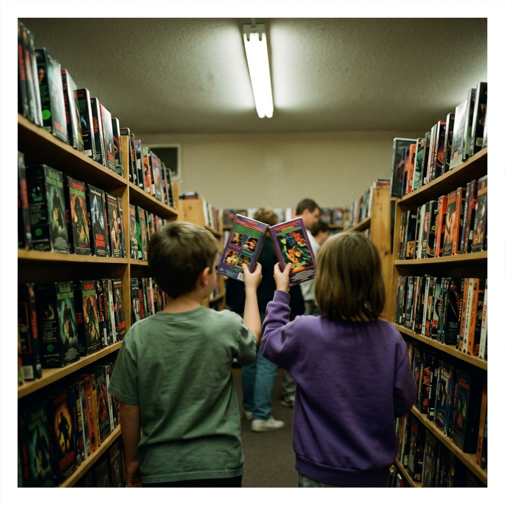 Kids standing in the horror aisle of a 1990s video rental store, comparing two VHS cases
