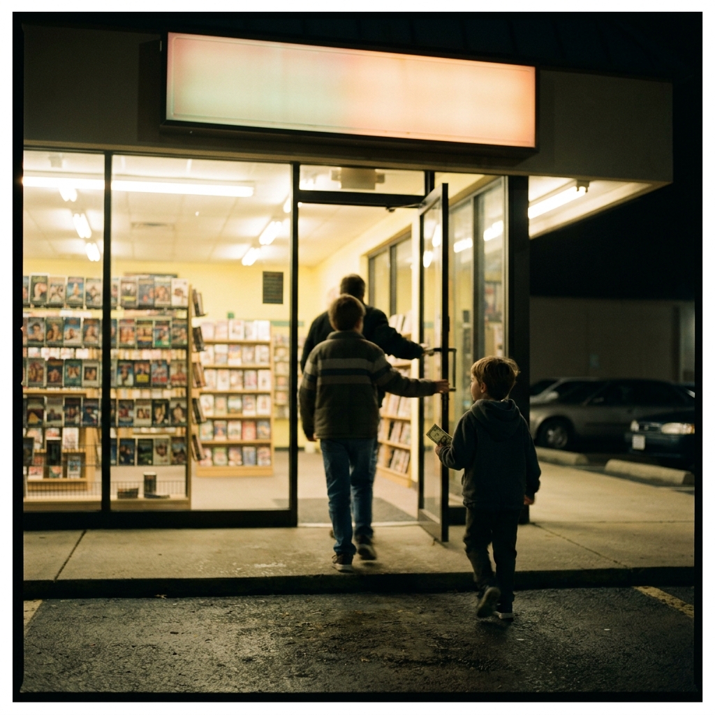 A 1990s Blockbuster storefront at night with two kids walking in carrying a folded bill