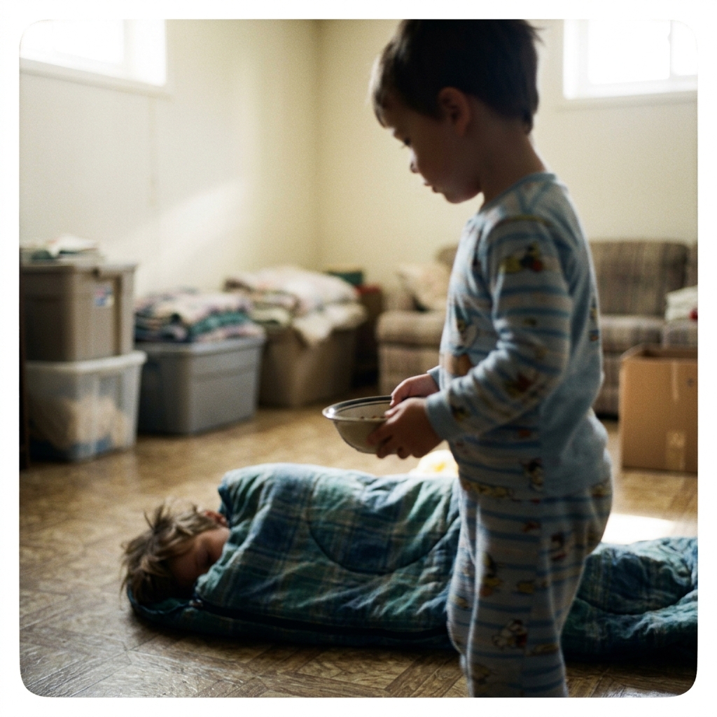A younger sibling in pajamas holding a cereal bowl, standing over a sleeping bag in a sunlit basement