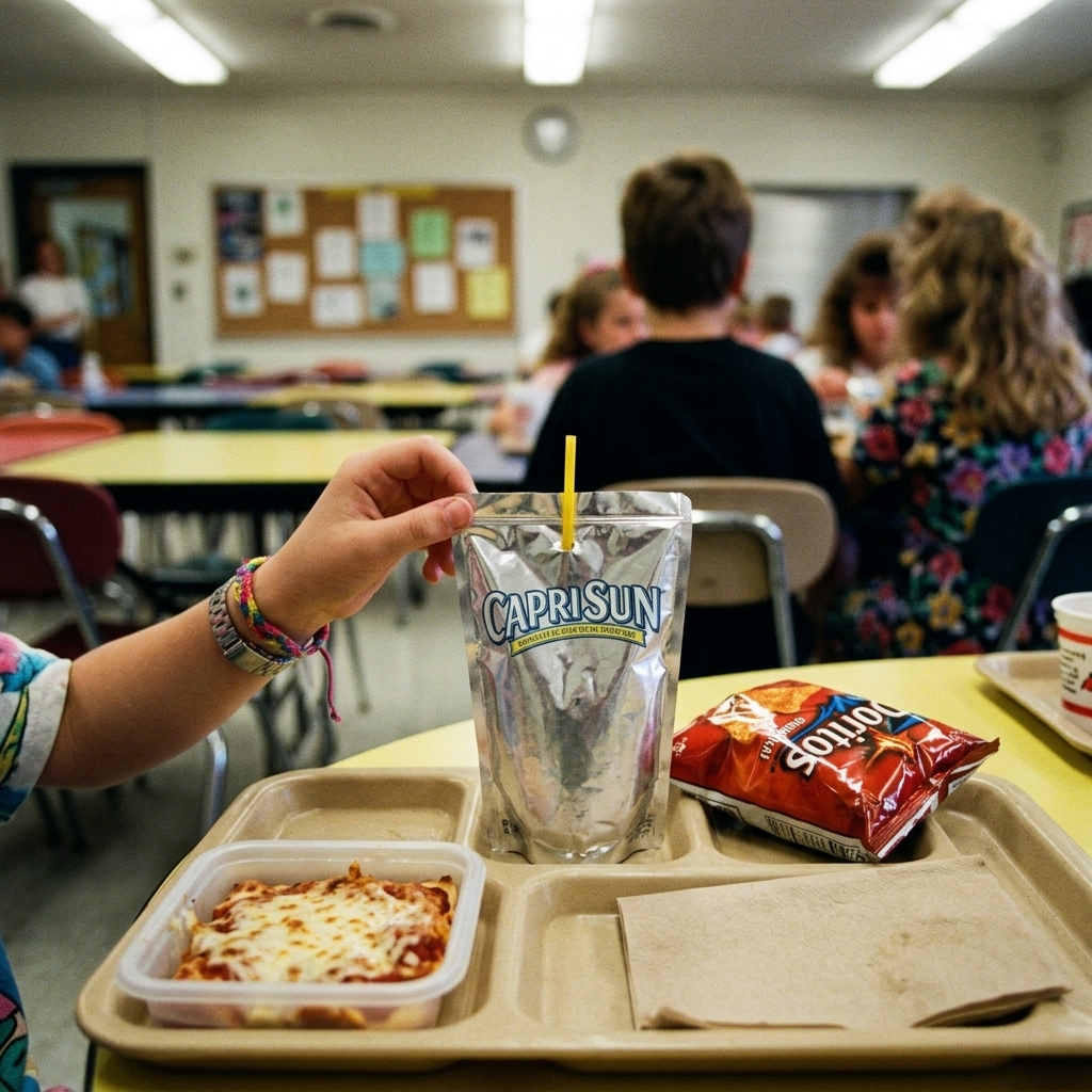 A Capri Sun pouch mid straw-stab on a 90s school cafeteria tray