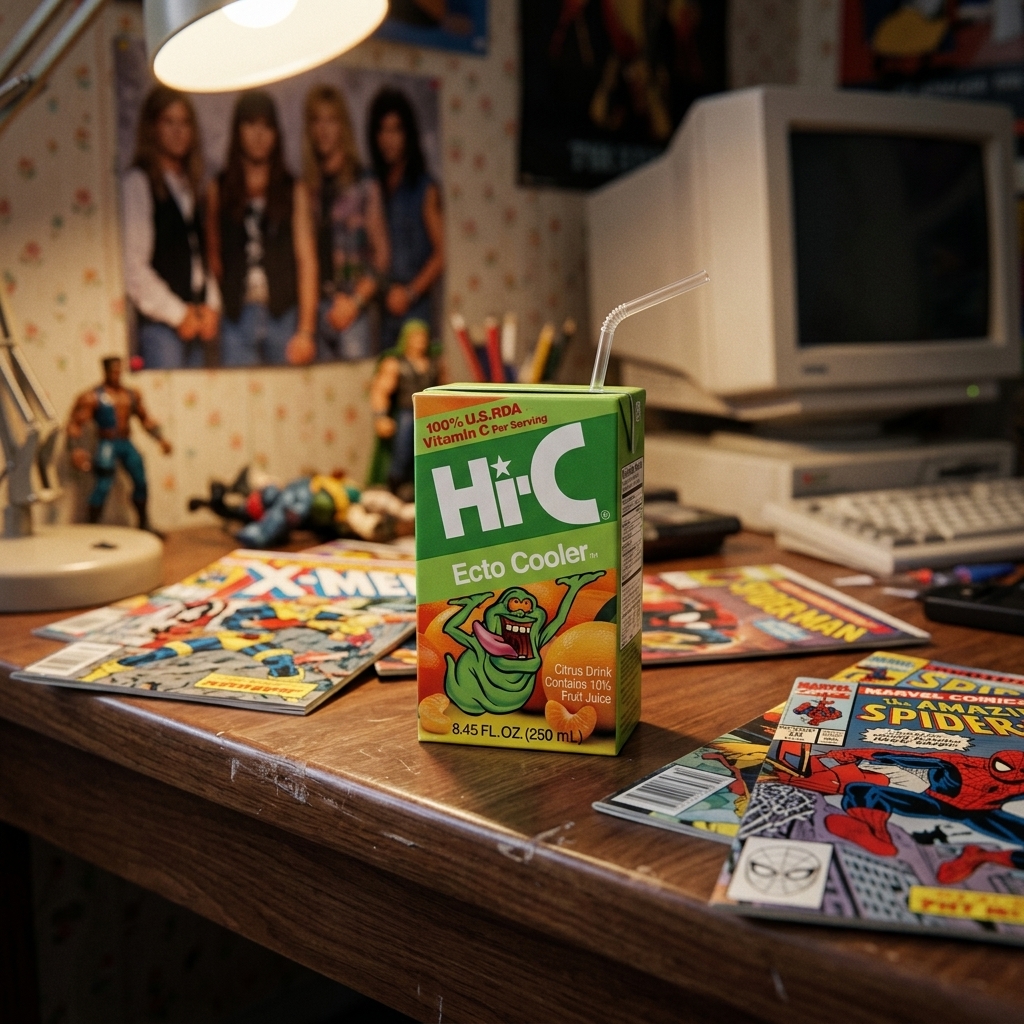 A green Ecto Cooler juice box with Slimer on the front, photographed on a 90s kid's bedroom desk
