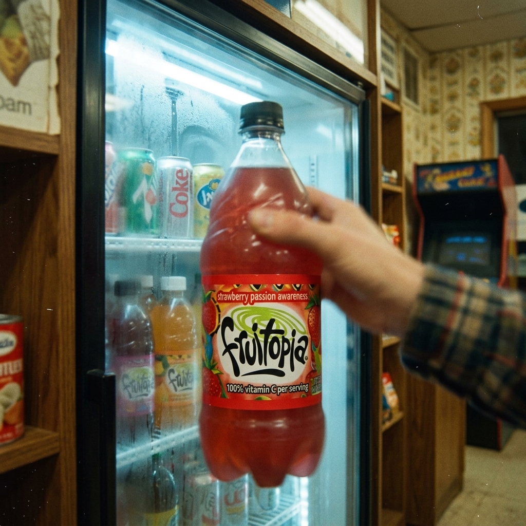 A Fruitopia bottle with psychedelic swirl graphics in a 90s convenience store cooler