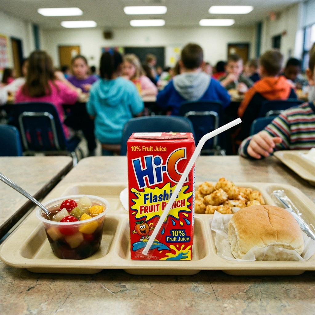 A Hi-C Flashin' Fruit Punch juice box in an elementary school lunch tray