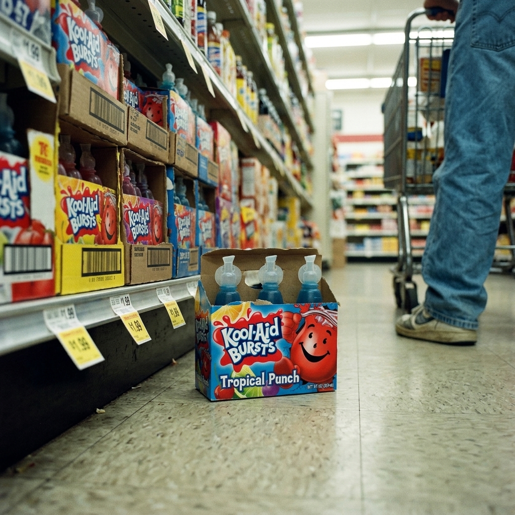 A six-pack of Kool-Aid Bursts in the round barrel bottles on a 90s grocery shelf