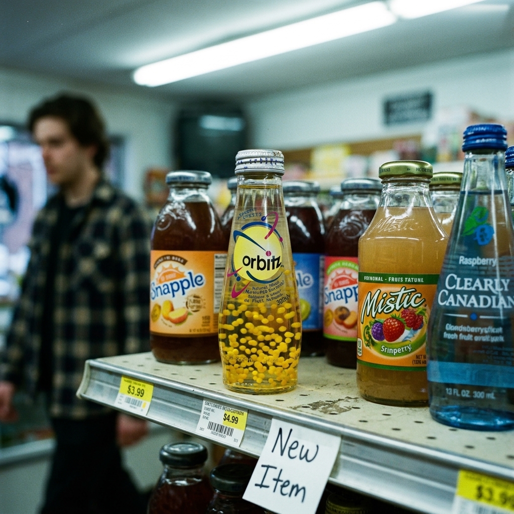 A bottle of Orbitz drink with floating gel balls on a 90s convenience store shelf
