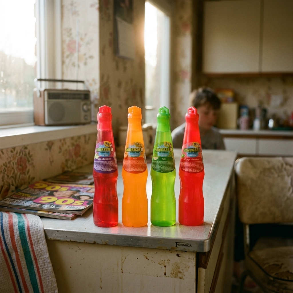 A row of Squeezit bottles with different collectible character heads on a 90s kitchen counter