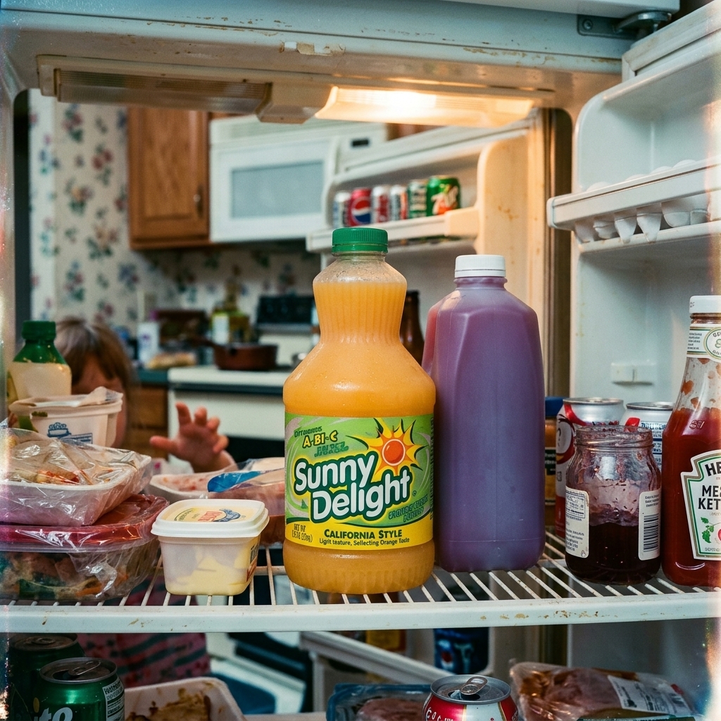 A jug of Sunny D in a 90s suburban refrigerator next to a generic purple drink