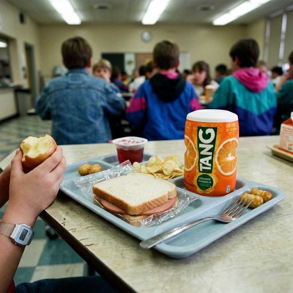 A 90s Tang drink pouch on a school cafeteria tray