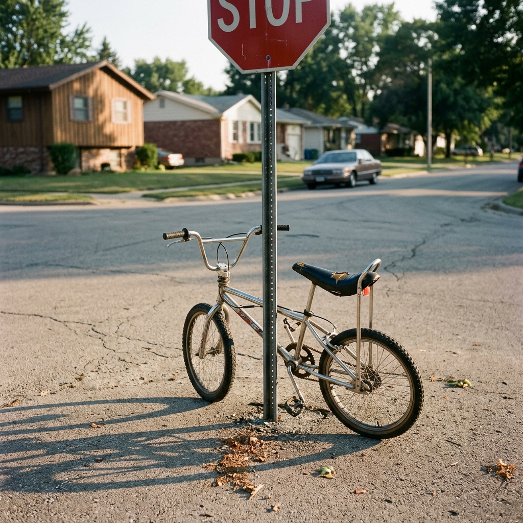 A 1990s BMX bike leaned against a stop sign at a suburban intersection