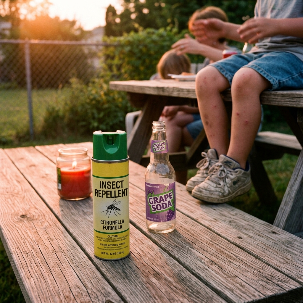 A yellow can of bug spray on a wooden picnic table at sunset, mosquito bites visible nearby