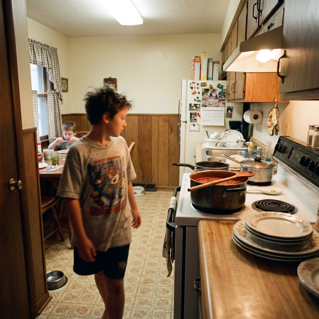 A pot of spaghetti sauce on a 1990s stove with a kid coming in through the back screen door at 6pm