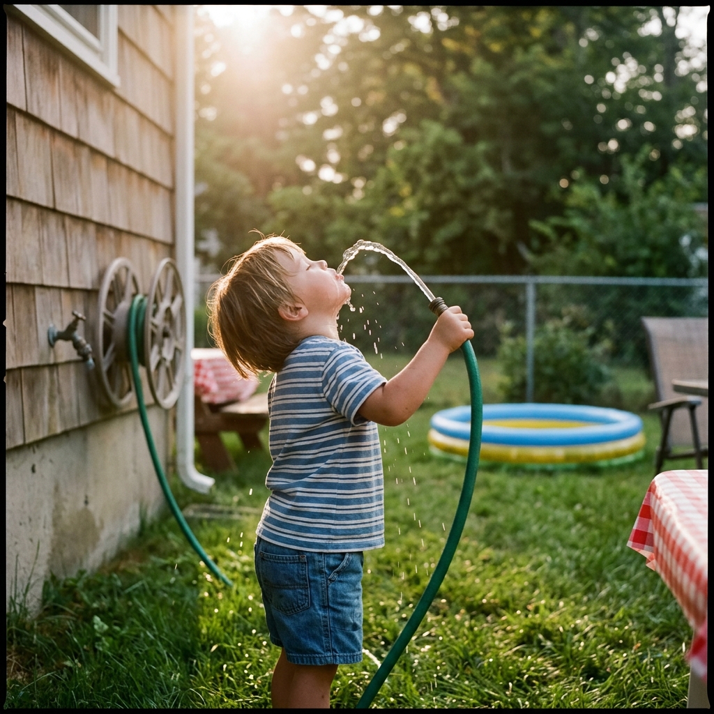 A kid drinking from a green rubber garden hose in a suburban backyard