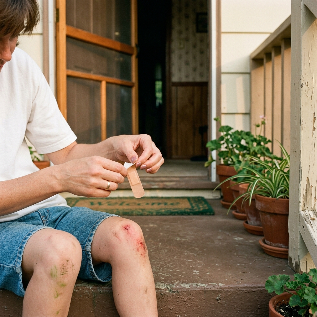 A scraped knee and a neighbor's hand peeling a Band-Aid wrapper on a suburban porch