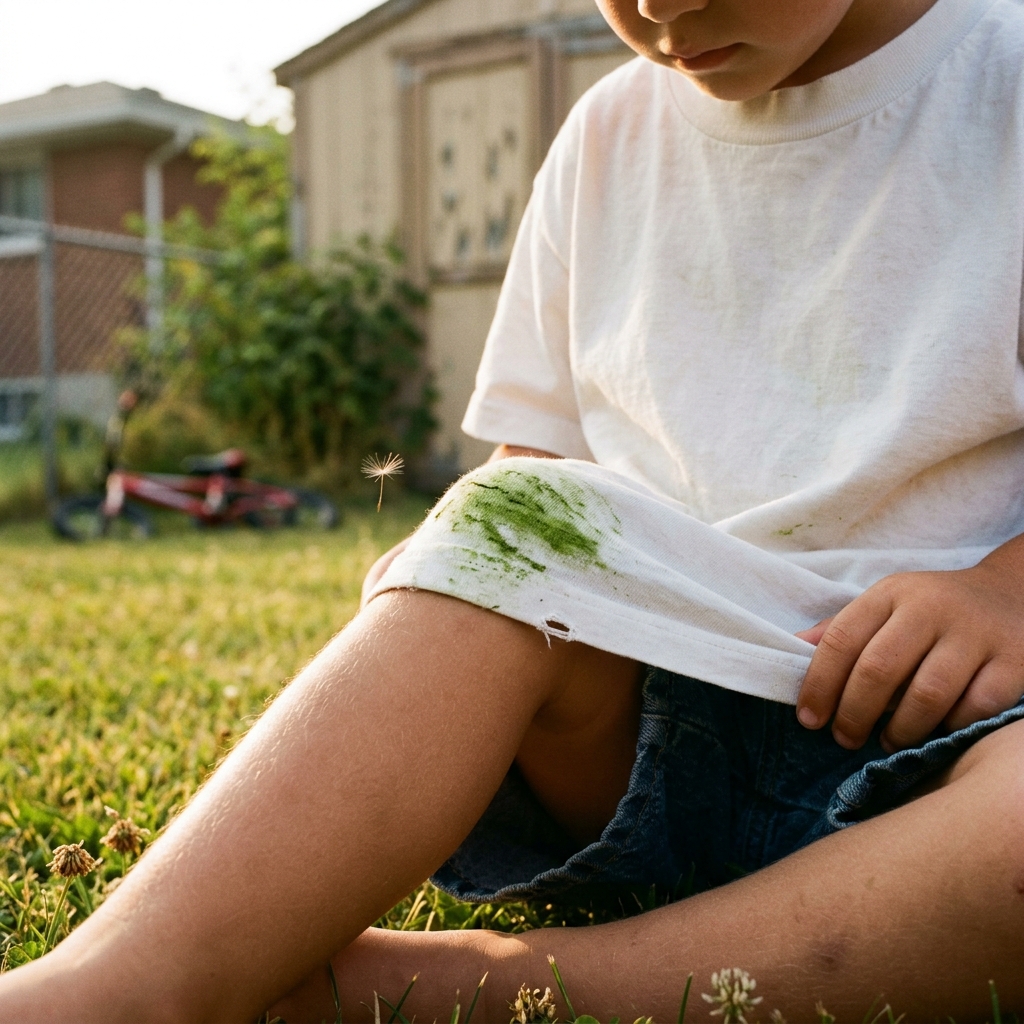A close shot of a bright green grass stain on a kid's white t-shirt at sundown