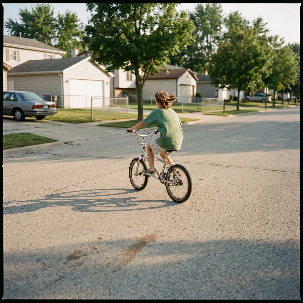 A kid riding a BMX bike helmetless down an empty suburban street