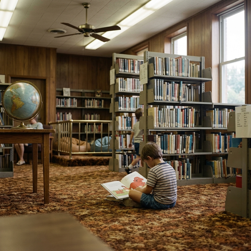 Interior of a 1990s public library children's section on an August afternoon