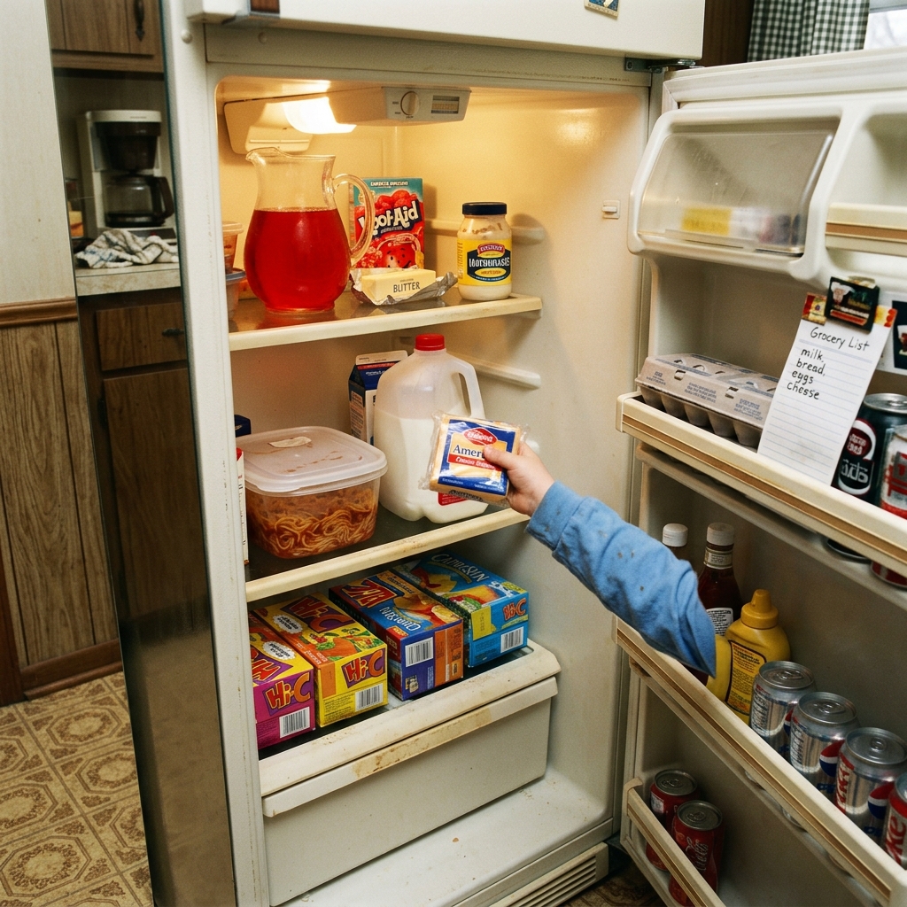 Looking into an open 1990s refrigerator from a kid's height at 11am