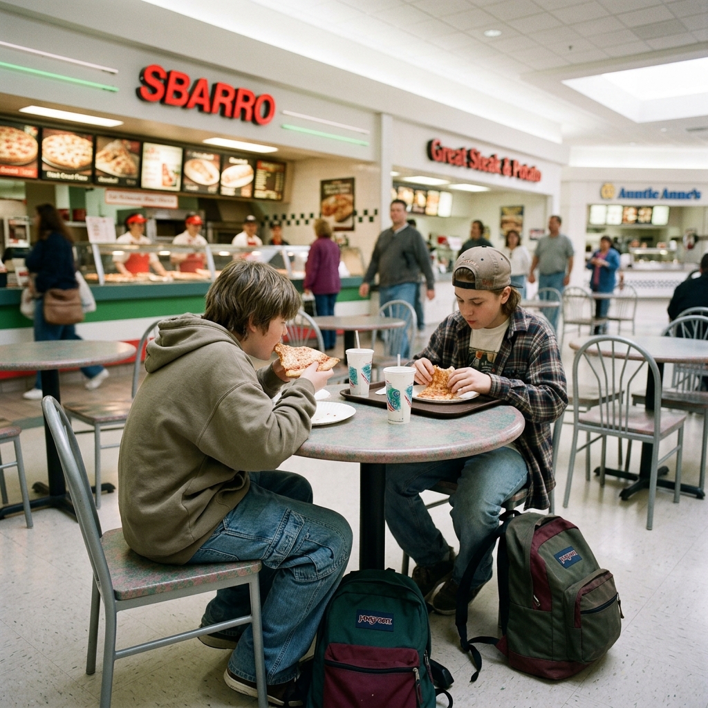 Two kids loitering in a brightly-lit 1990s mall food court with pizza