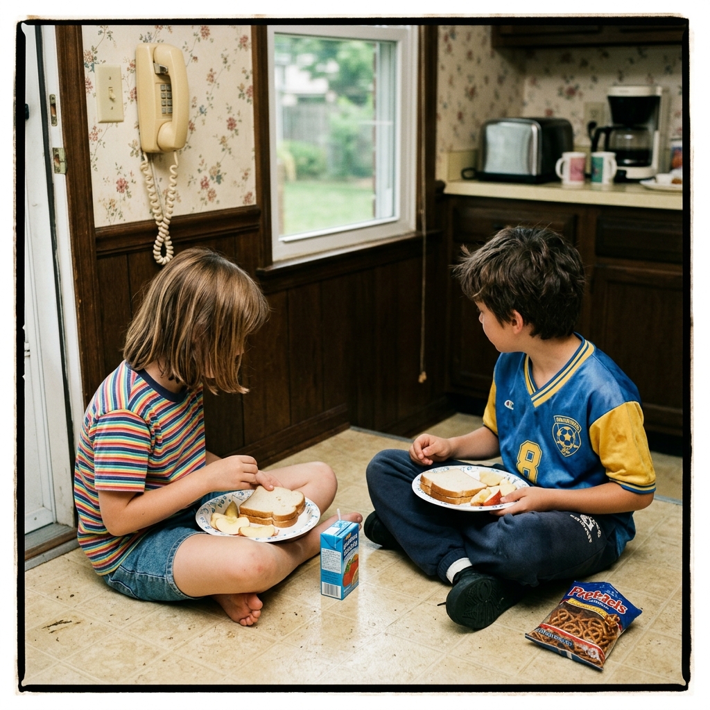 Two kids cross-legged on a beige linoleum kitchen floor sharing a peanut-butter sandwich lunch