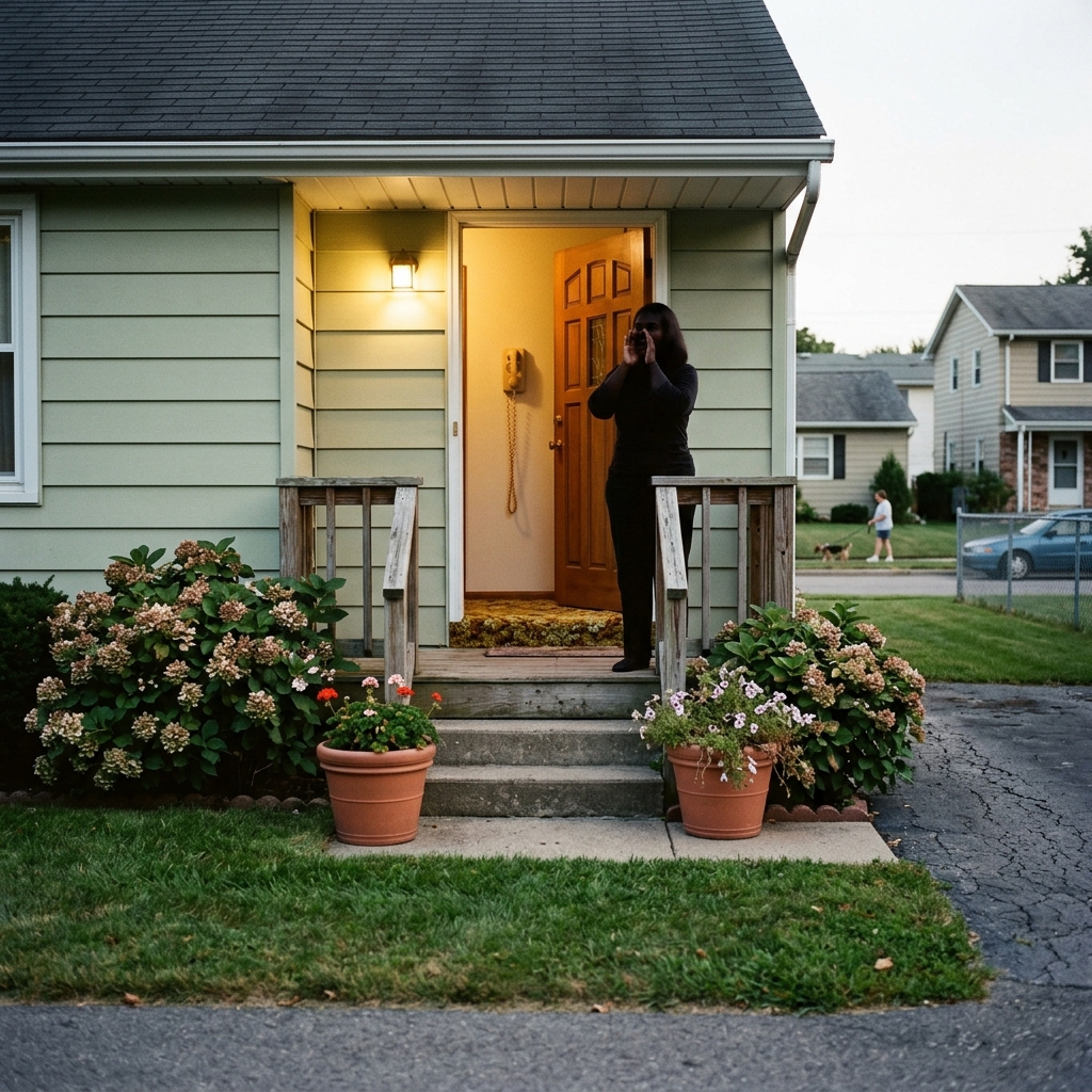 A silhouetted woman cupping her hands and calling out at dusk from a suburban front porch