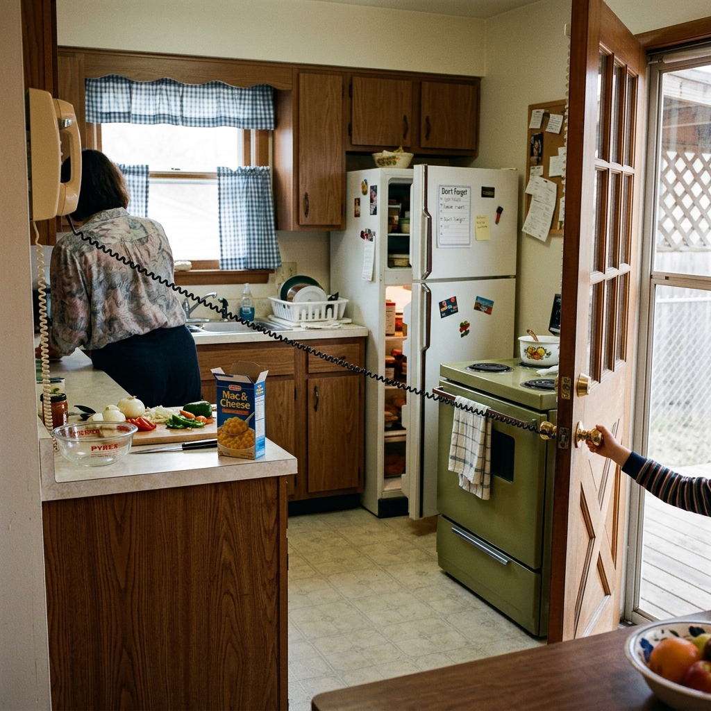 A parent on a corded kitchen phone with the cord stretched, a kid sneaking out the back