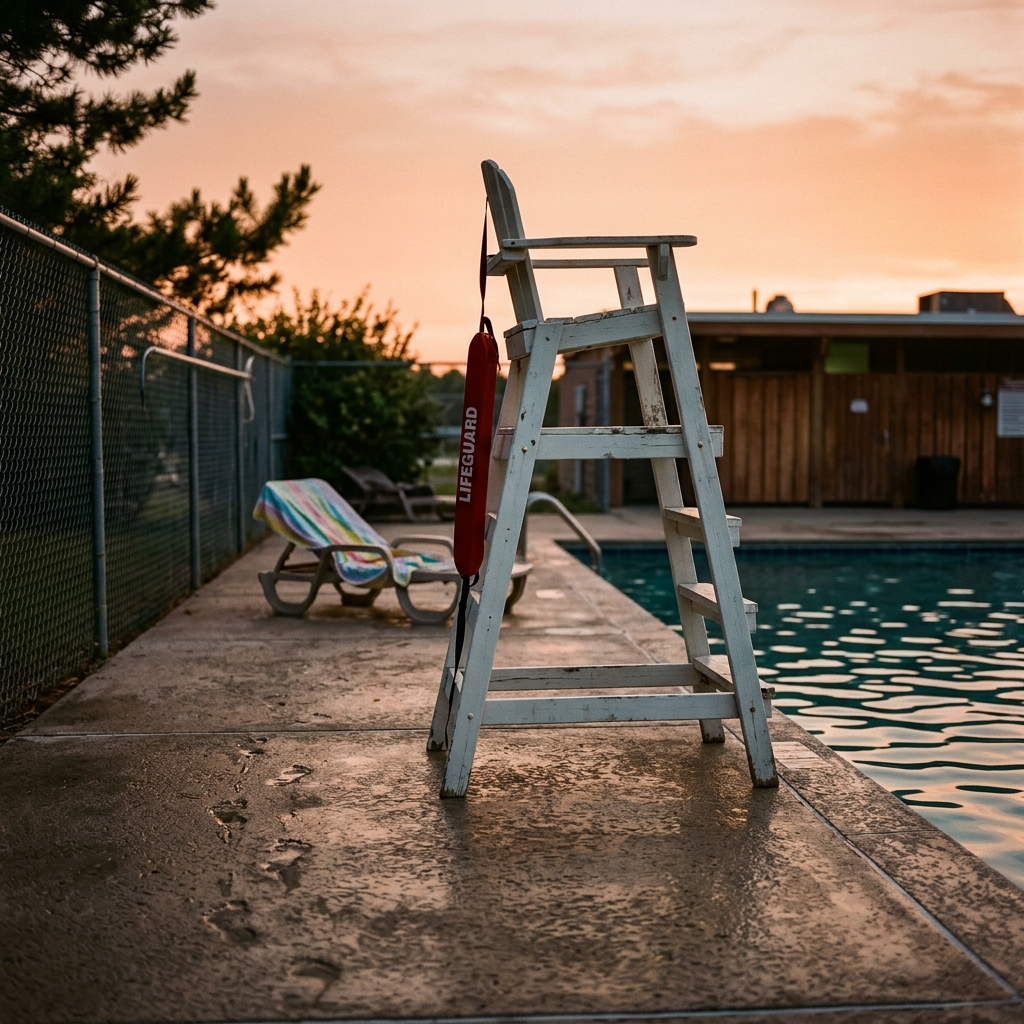 An empty 1990s community pool at sunset with the vacant lifeguard chair