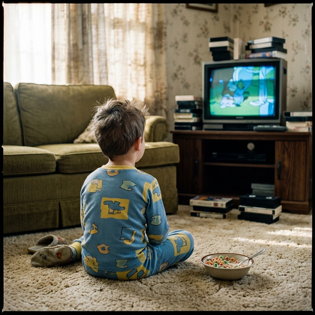 A kid in pajamas on a 90s living room carpet watching Saturday morning cartoons