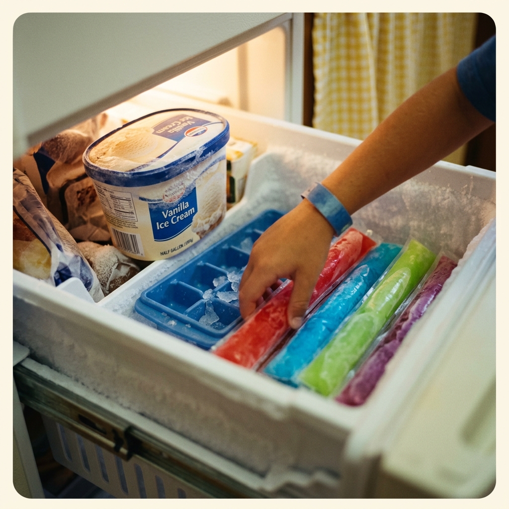 A kid's hand reaching for a freezie pop in a 1990s freezer drawer