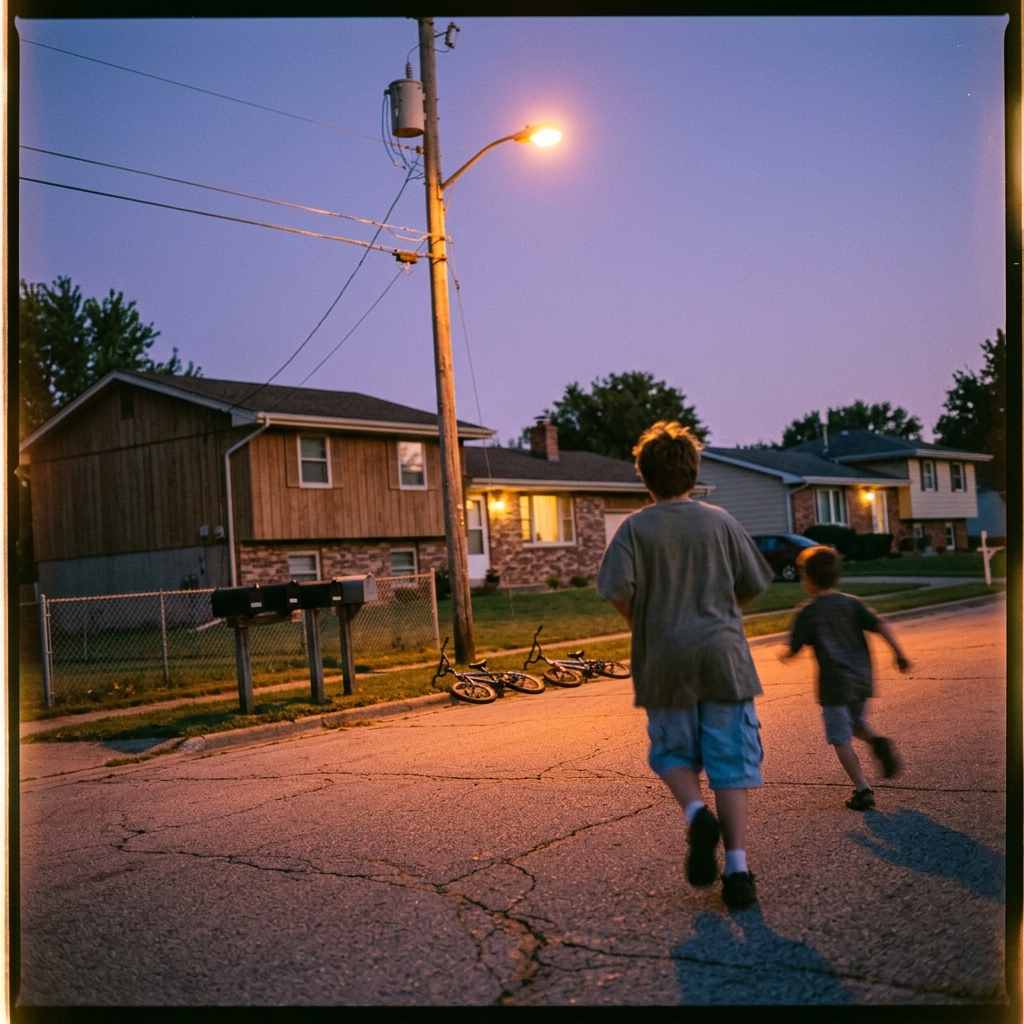 The corner streetlight just turning amber at dusk, kids in mid-stride running home