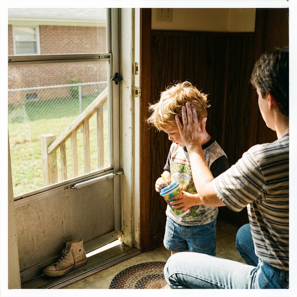A parent applying sunscreen to a kid in a doorway at 9am