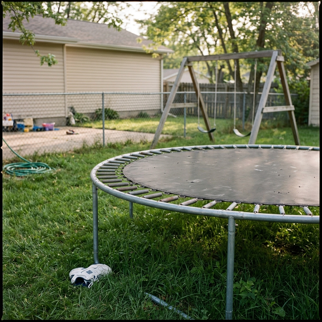 An empty 1990s backyard trampoline with no safety net, springs visible