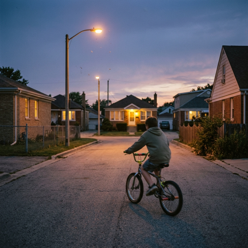 A kid pedaling a BMX bike at full speed under just-lit streetlights at full dusk