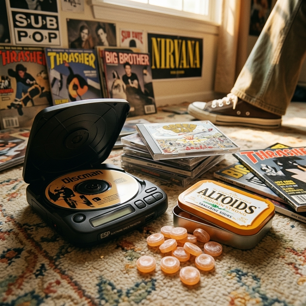 A tin of Altoid Sours with pastel mints scattered around it
