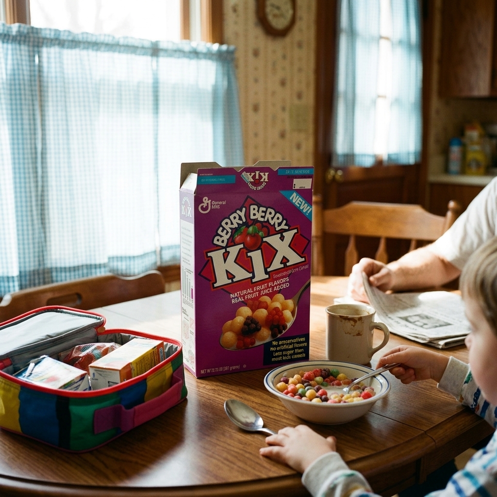 A box of Berry Berry Kix on a 90s breakfast table