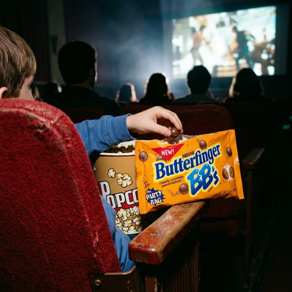 A bag of Butterfinger BBs in a darkened 1990s movie theater
