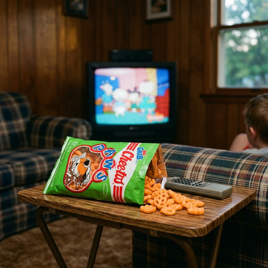 A bag of Cheetos Paws spilled on a 1990s TV tray watching Nickelodeon