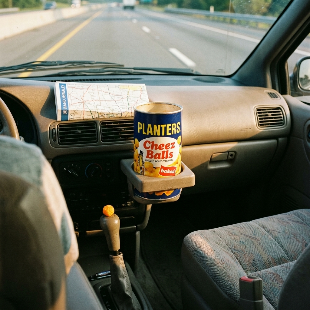 A blue cylindrical can of Planters Cheez Balls
